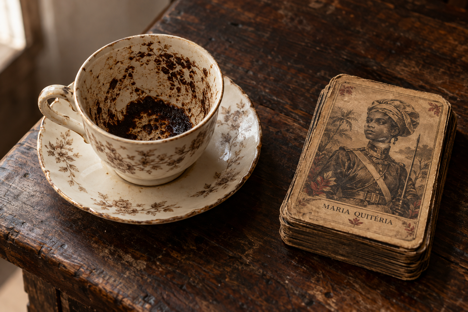 Composição ilustrativa com uma xícara antiga, borra de café e um baralho de Maria Quitéria sobre uma mesa de madeira