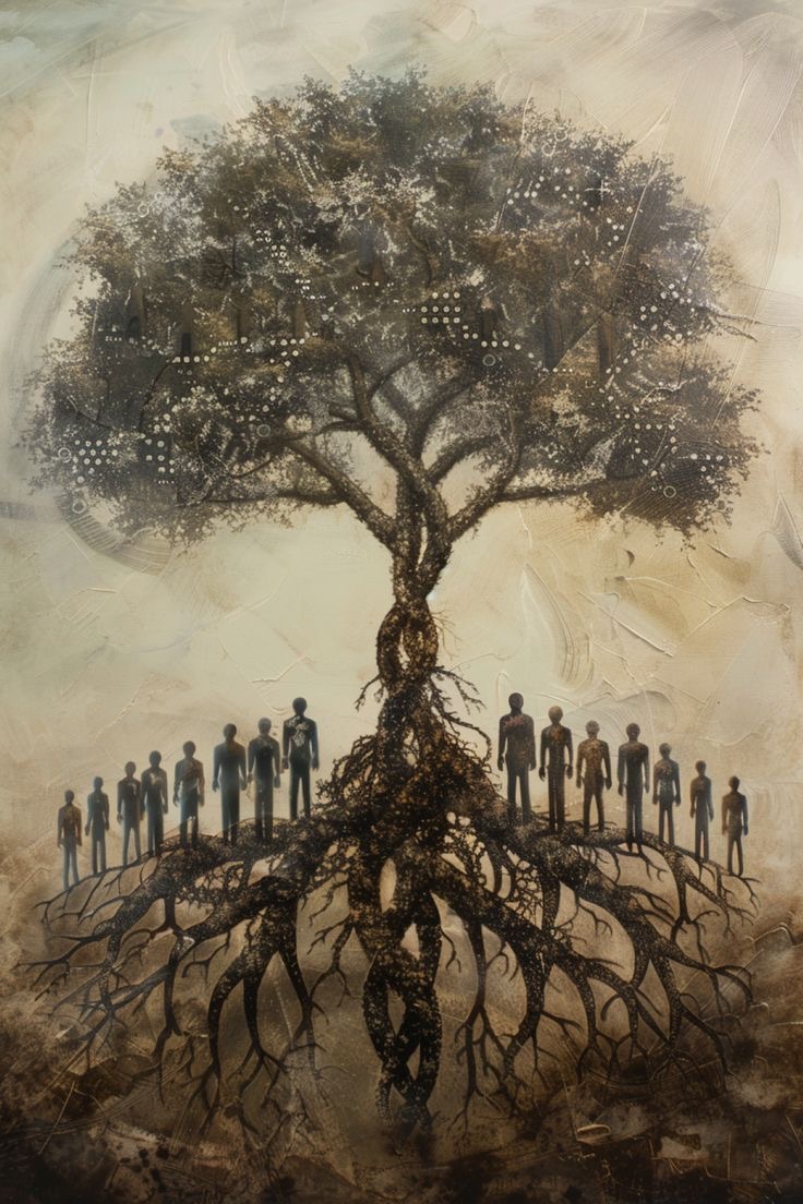 Imagem em tons de sépia com árvore, raízes e figuras humanas, representando ancestralidade e comunidade